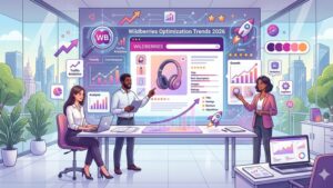 Современная иллюстрация процесса SEO оптимизации карточек товаров для маркетплейса Wildberries в футуристическом стиле
